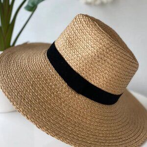 Natural Straw Wide Brim Hat with Black Ribbon Band